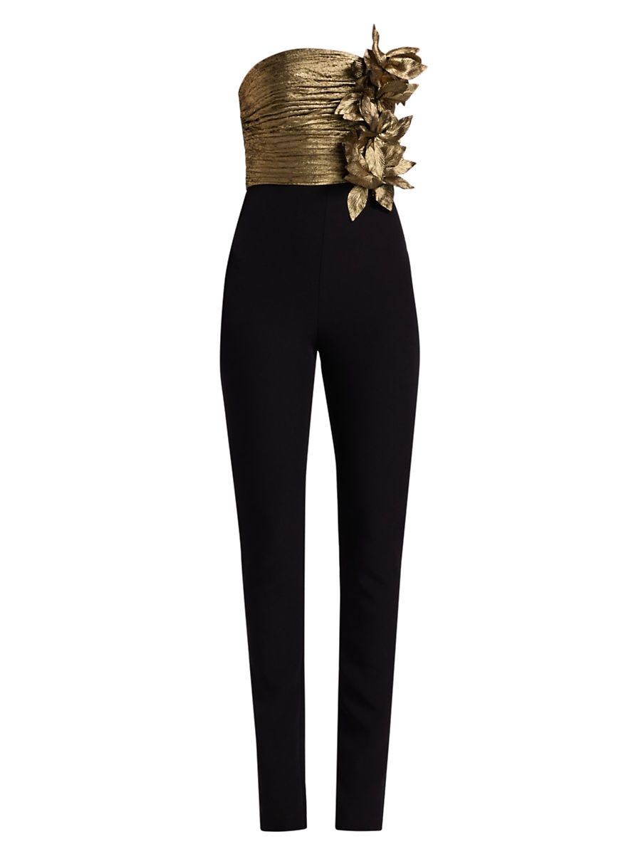 Women's Ruched Strapless Jumpsuit - Gold Black Combo - Size 4