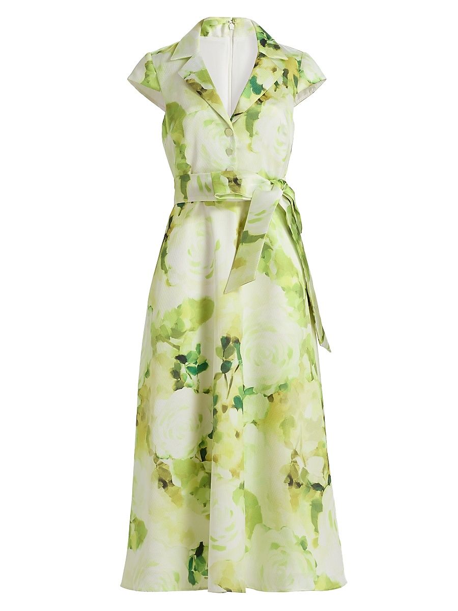 Women's Belted Floral A-Line Midi-Dress - Lime - Size 16