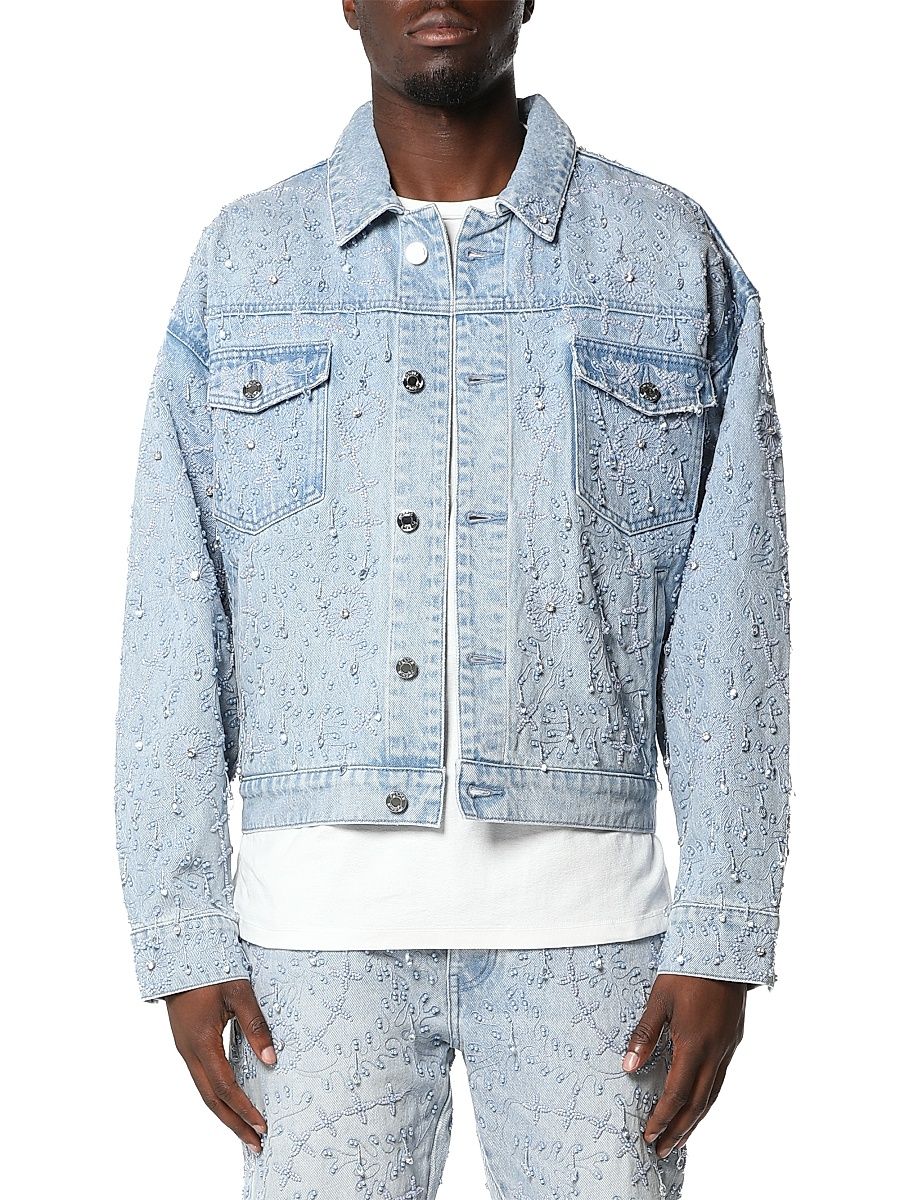 Men's Beaded Denim Trucker Jacket - Super Light Indigo - Size XL