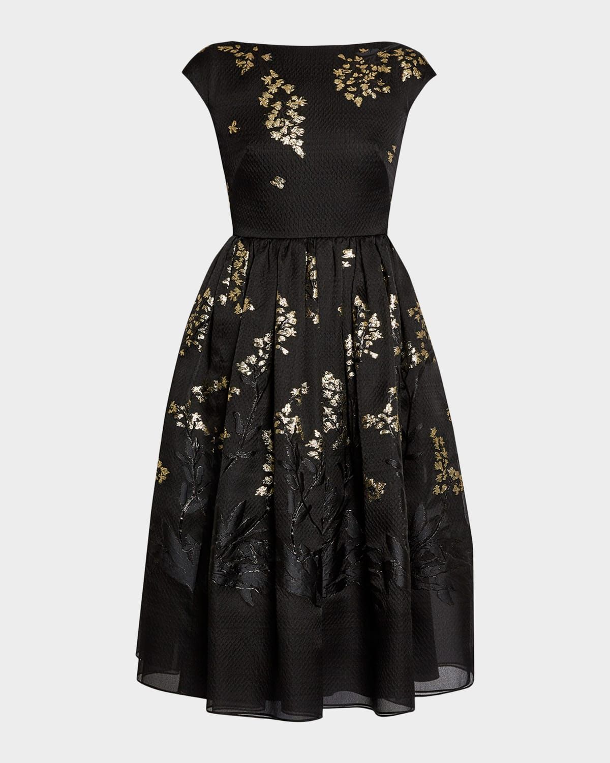 Floral Brocade Cap-Sleeve Midi Dress