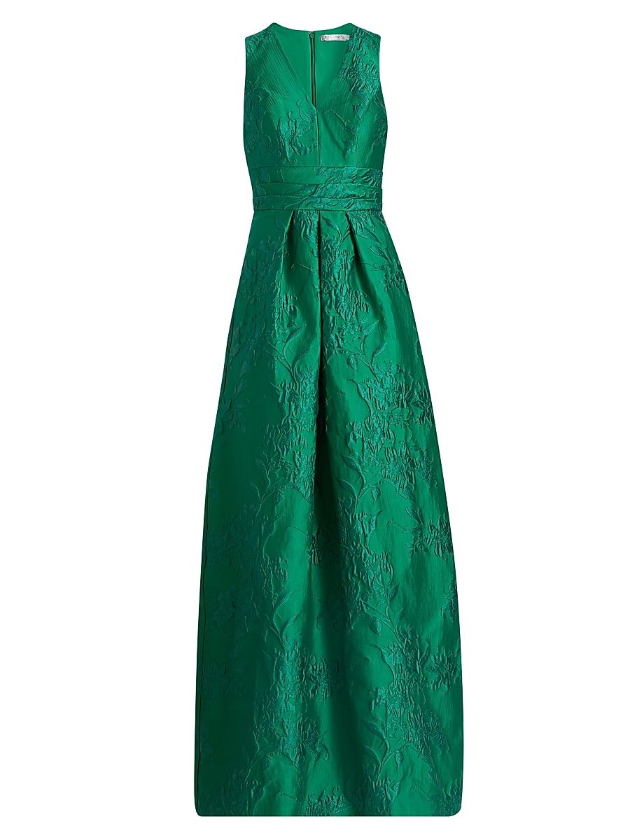 Women's Mariah Textured Floral Jacquard A-Line Gown - Fern Green - Size 6