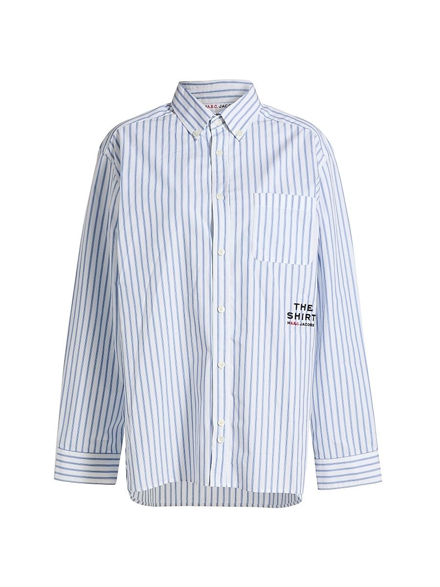 Women's Logo-Embroidered Striped Cotton Poplin Shirt - Blue - Size Medium