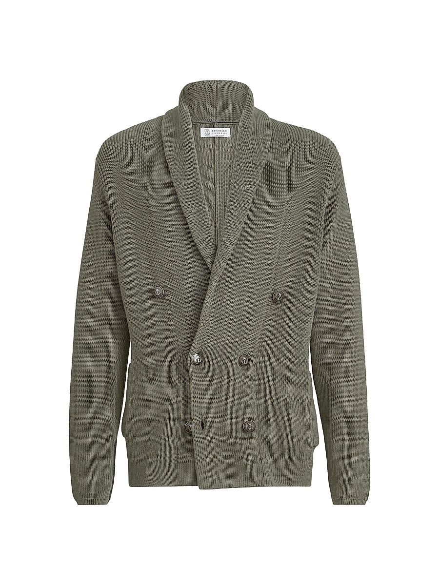 Men's Cotton Half English Rib Cardigan with Metal Buttons - Khaki - Size 50