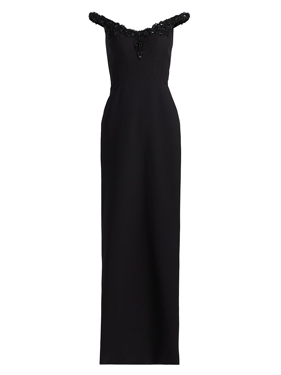 Women's Embellished Crepe Off-the-Shoulder Column Gown - Black - Size 10