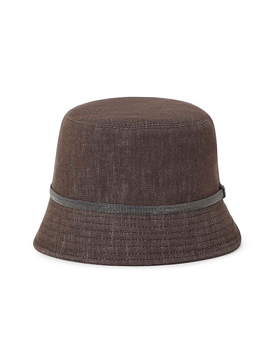 Women's Cotton Denim Effect Twill Bucket Hat with Shiny Band - Chocolate - Size Small
