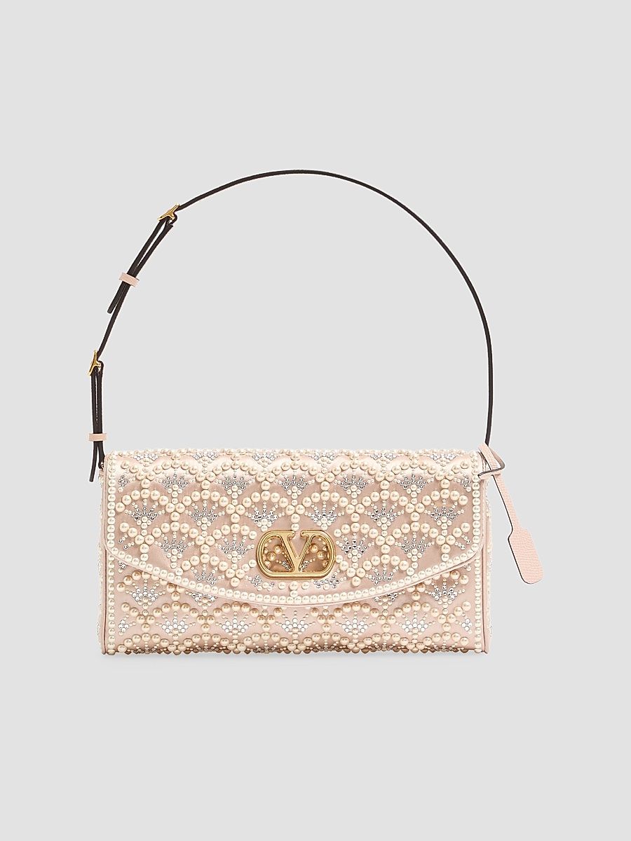 Women's Shoulder Bag with Pearls and Rhinestones - Cream