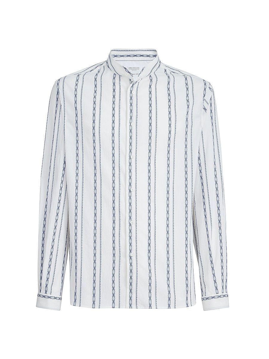 Men's Ethnic Stripe Seersucker Easy Fit Shirt with Mandarin Collar - White - Size XXXL