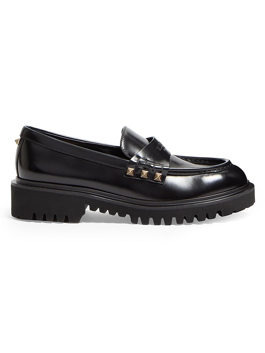 Women's Rockstud Calfskin Loafers - Black - Size 7.5