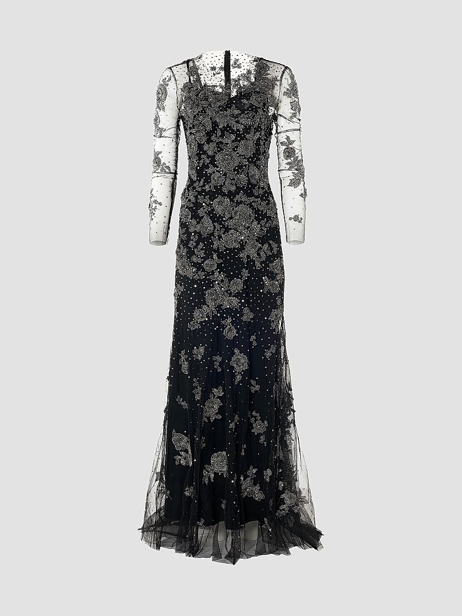 Women's Embellished Illusion Trumpet Gown - Black Multi - Size 4