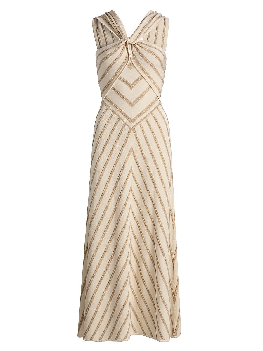 Women's Luna Metallic Stripe A-Line Midi-Dress - Cream Gold - Size 10