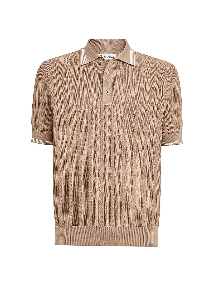 Men's Cotton Textured Rib Knit Polo Shirt - Tobacco - Size 50