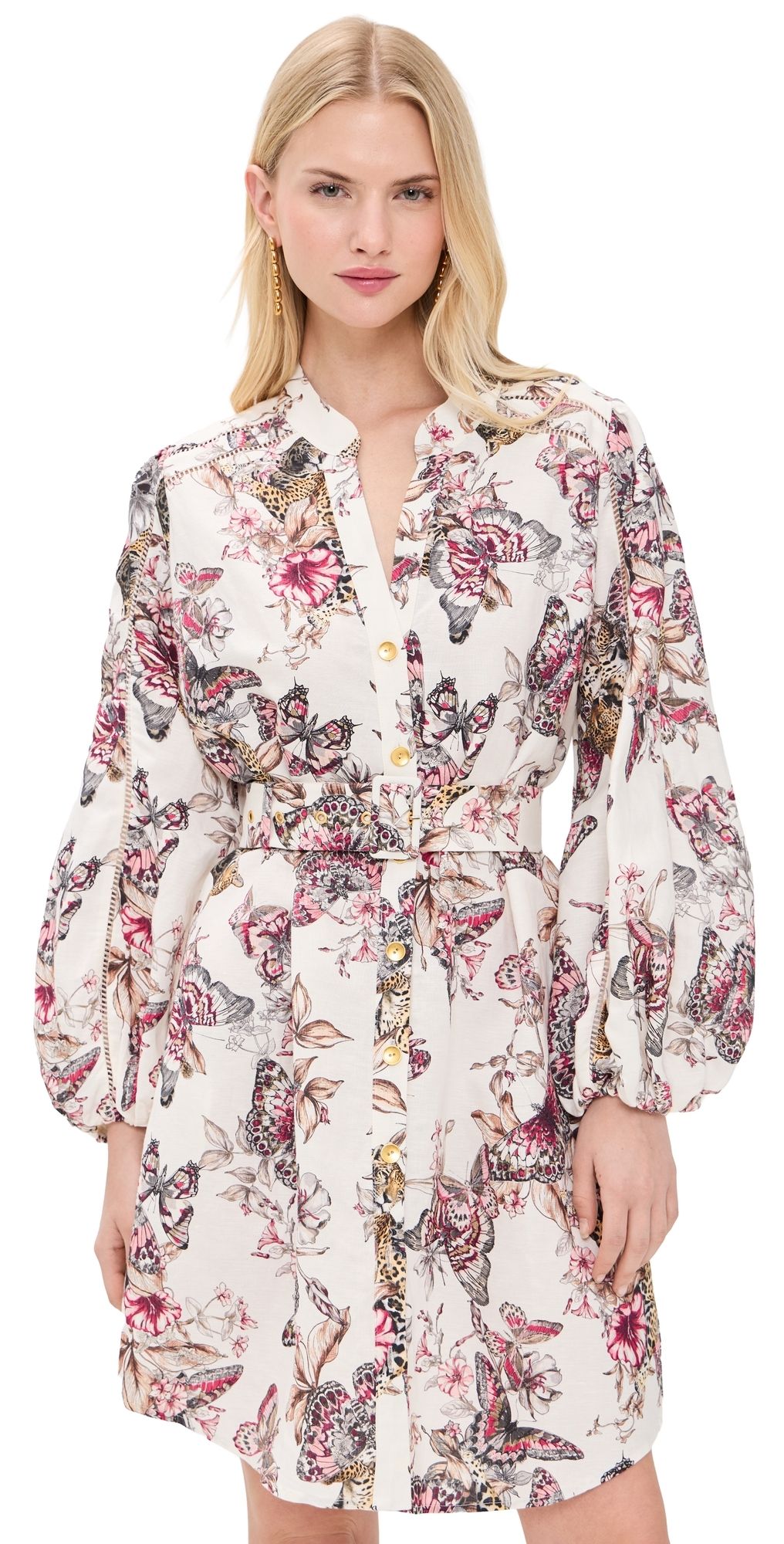 L'AGENCE Butterfly Jungle Shirt Dress White Multi Butterfly S