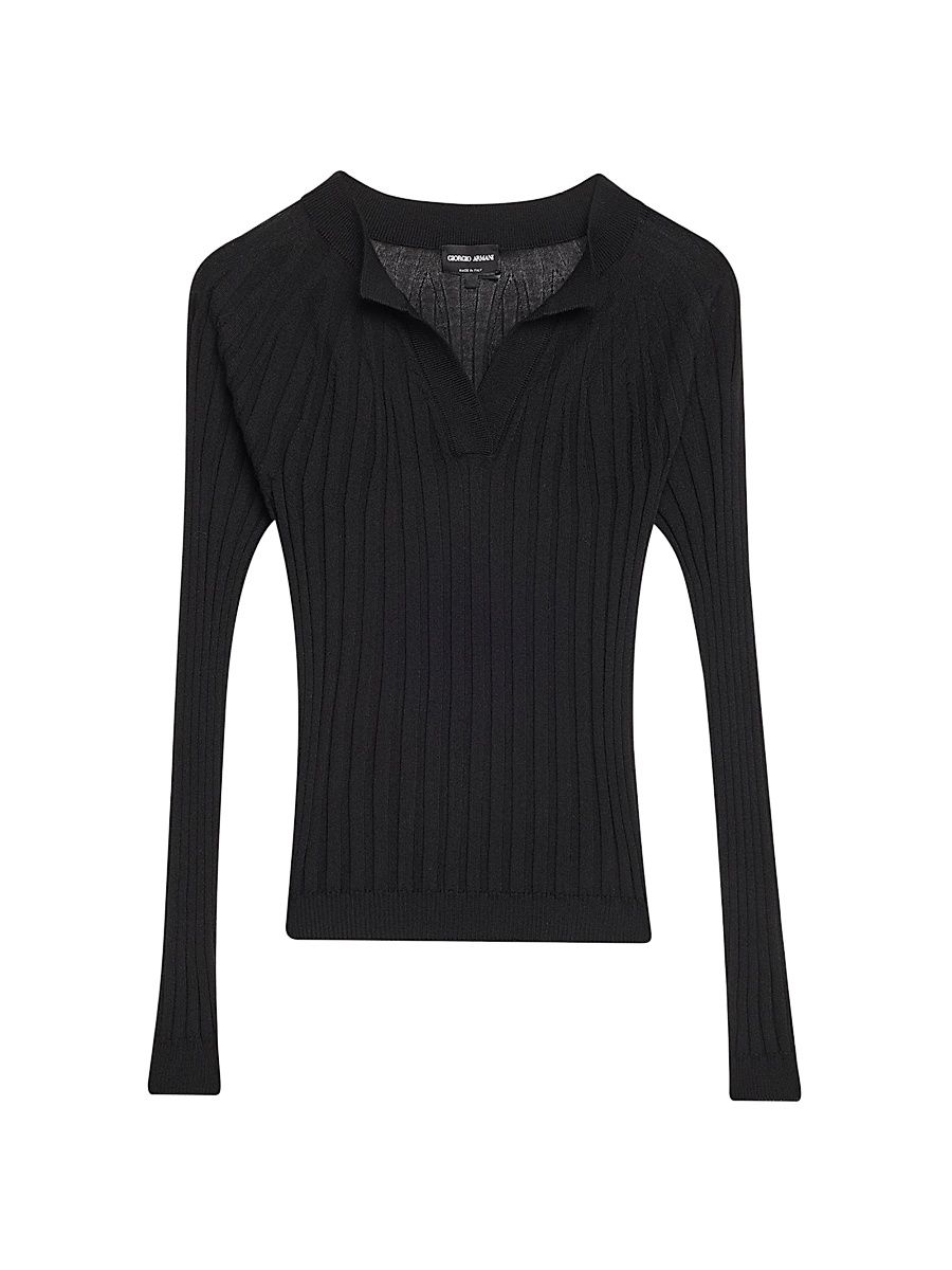 Women's Rib-Knit Cashmere & Silk V-Neck Sweater - Black - Size 8