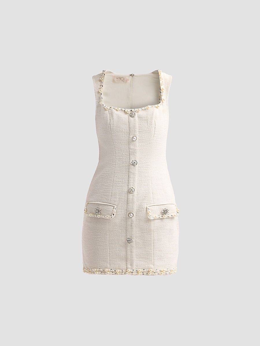 Women's Mothers Day Capsule Tweed Elsa Mini Dress - Off White With Light Blue - Size 8