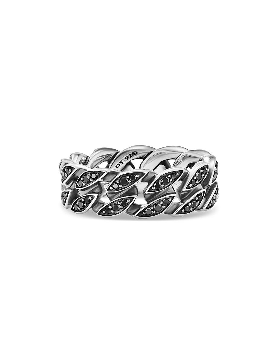 Men's Curb Chain Band Ring in Sterling Silver - Black Diamond - Size 10