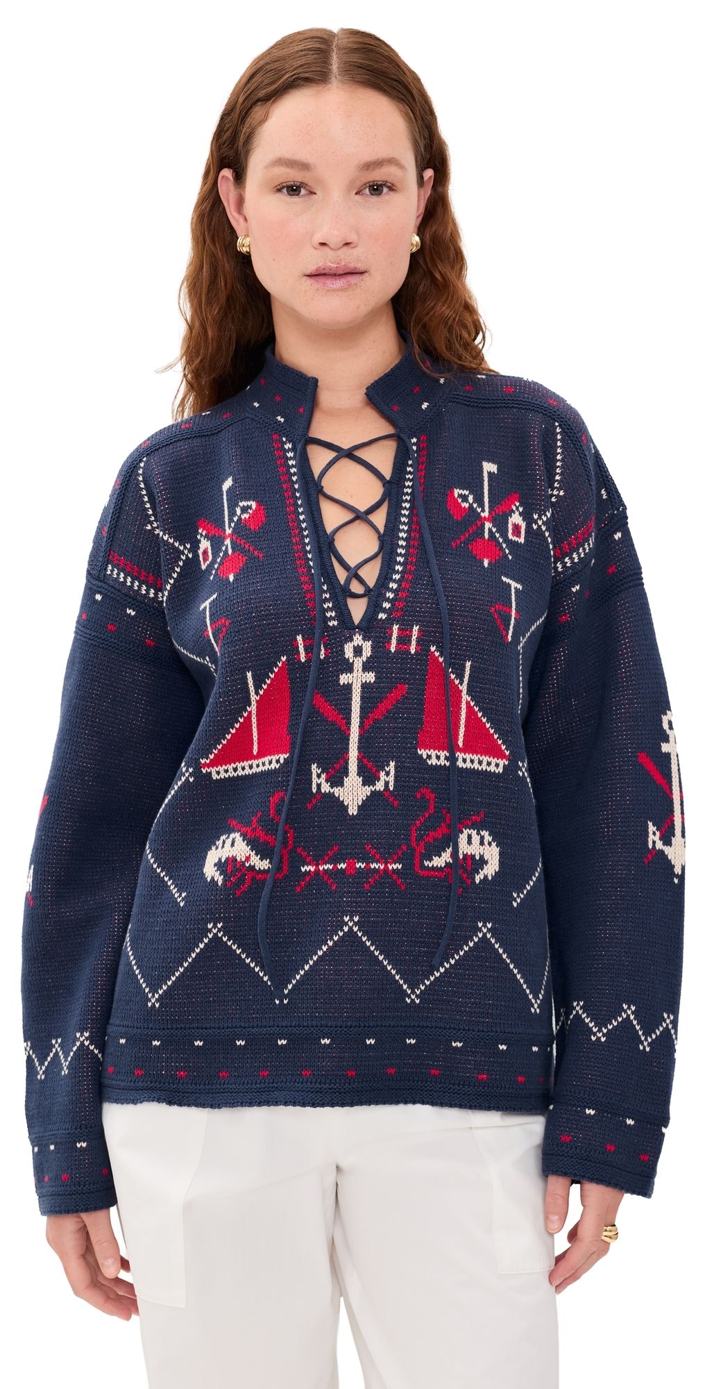 THE GREAT. The Fisherman Lace Up Pullover Navy 2