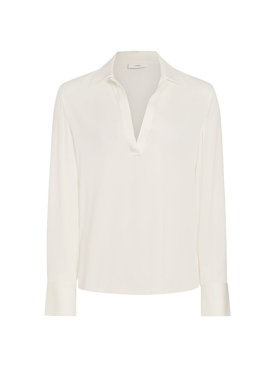 Women's Stretch-Silk Polo Blouse - Off White - Size Medium