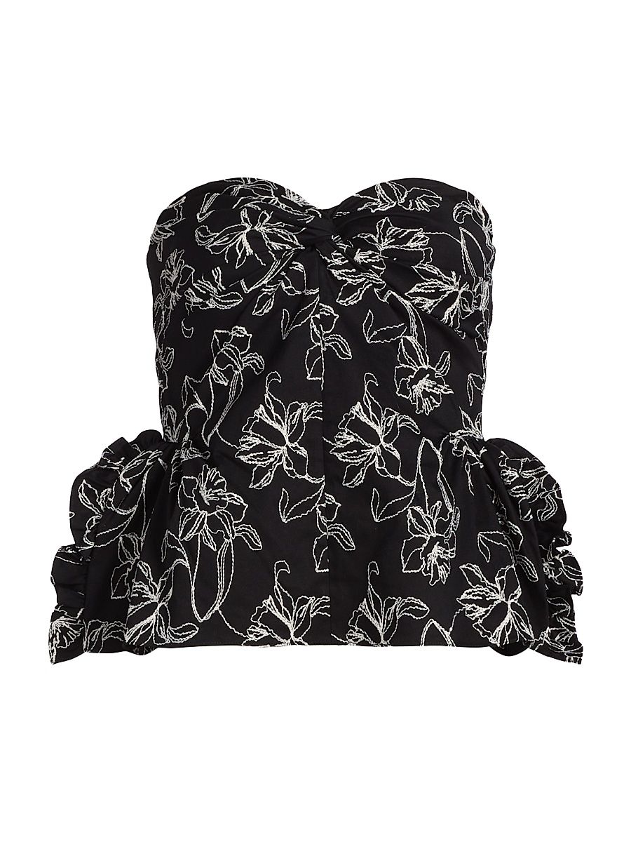 Women's Tasha Floral-Embroidered Cotton Bustier Top - Black - Size 0