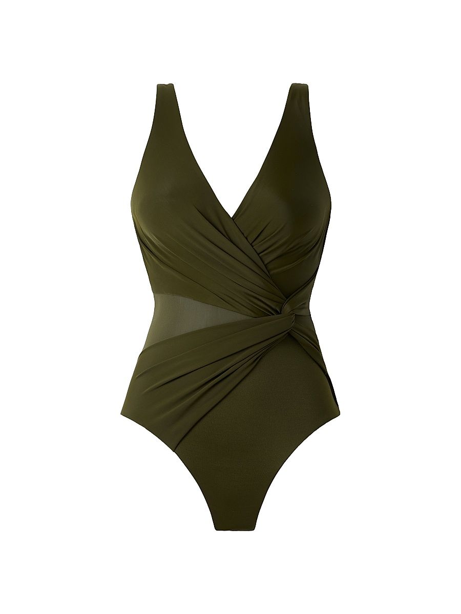 Women's Illusion Circe V-Neck One-Piece Swimsuit - Nori - Size 16