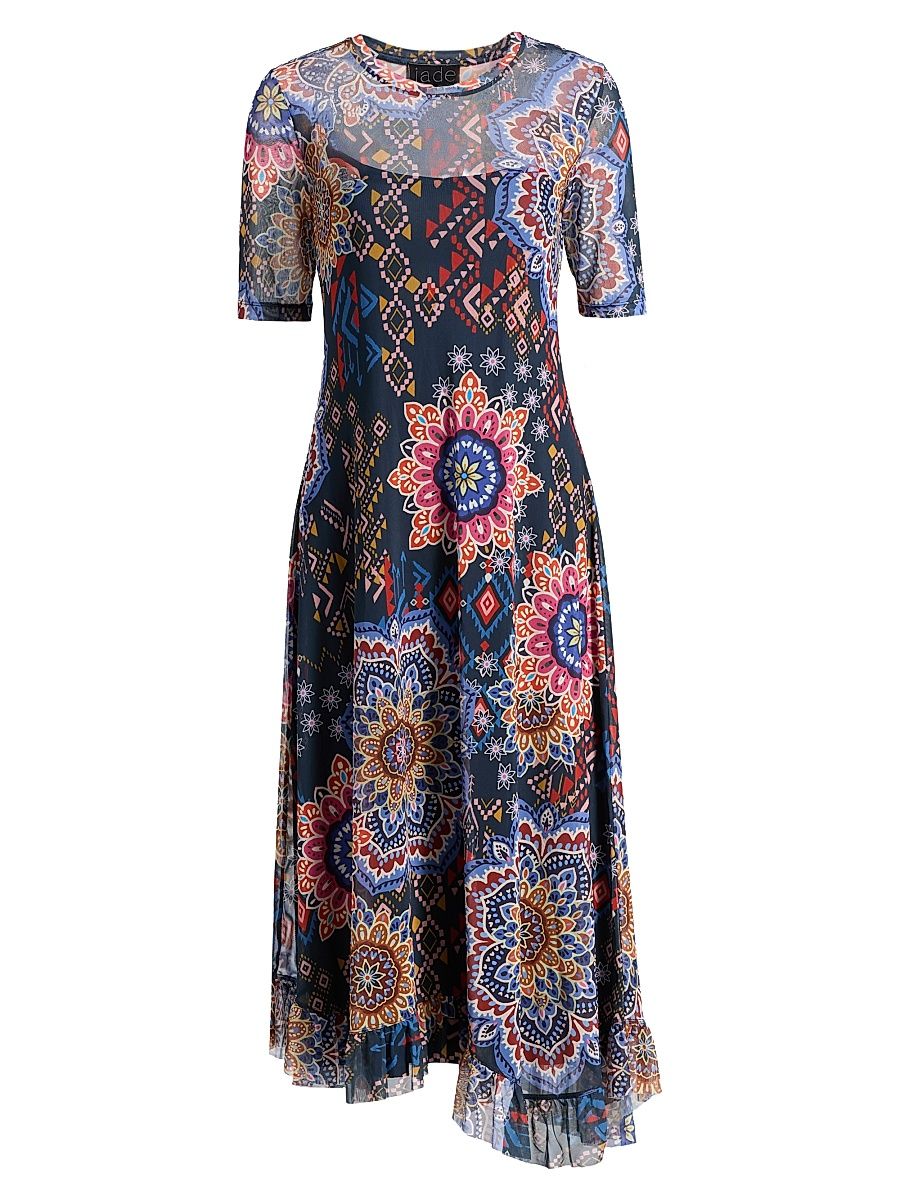 Women's Printed Asymmetric Mesh Midi-Dress - Padma - Size Medium