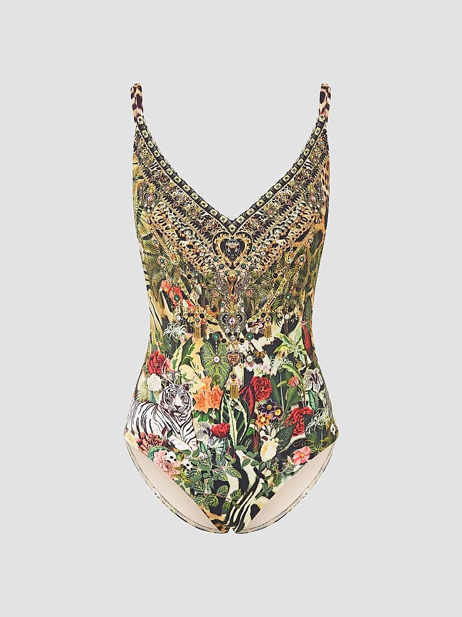 Women's Printed Underwire One-Piece Swimsuit - Leotigra Land - Size Medium