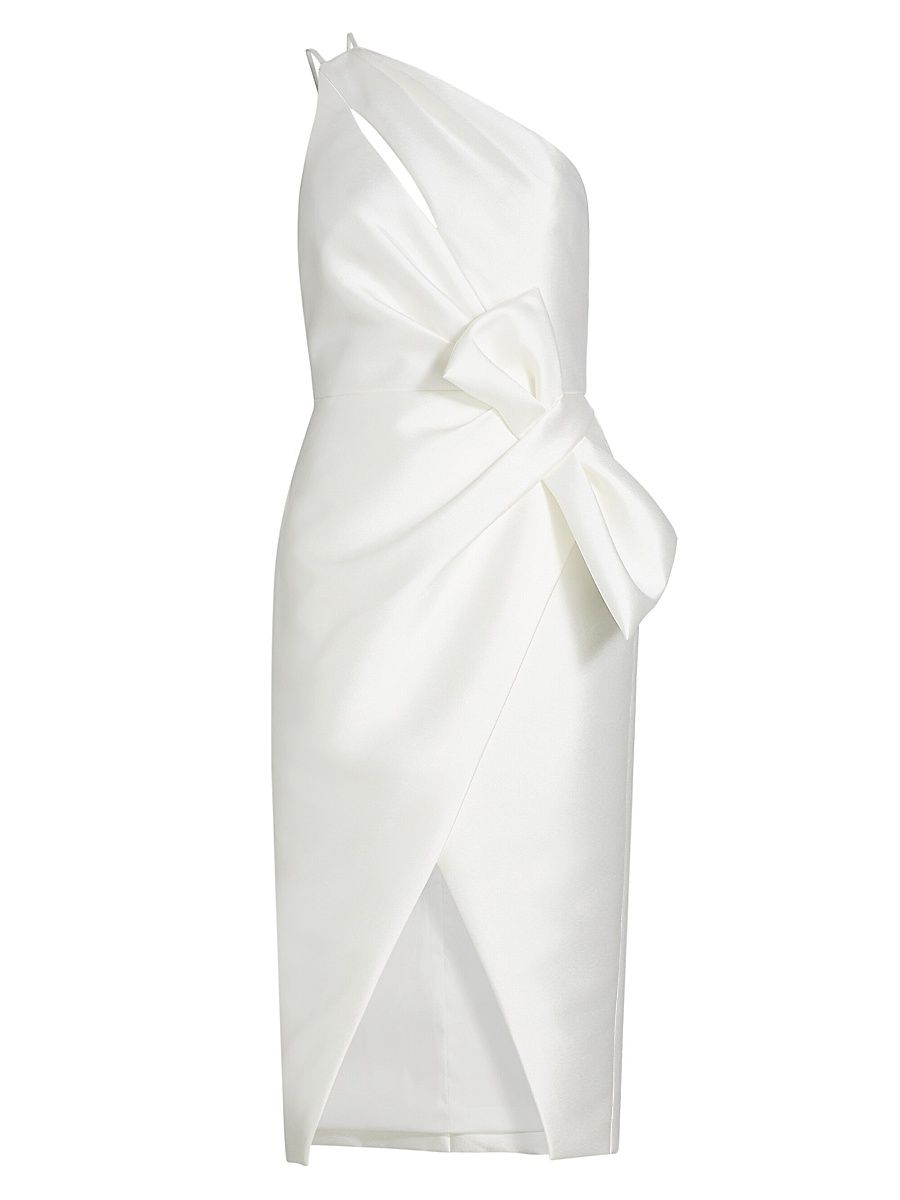Women's Asymmetric Satin One-Shoulder Midi-Dress - Ivory - Size 10