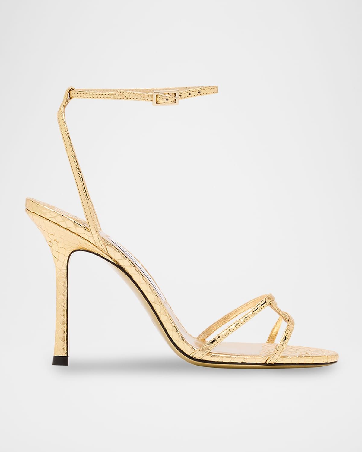 Snake-Embossed 1998 Leo Metallic Leather Ankle-Strap Sandals