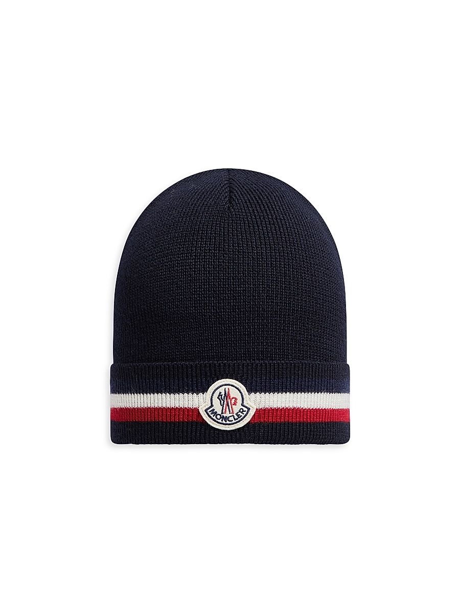 Men's Logo Patch Striped Wool Beanie - Navy Blue