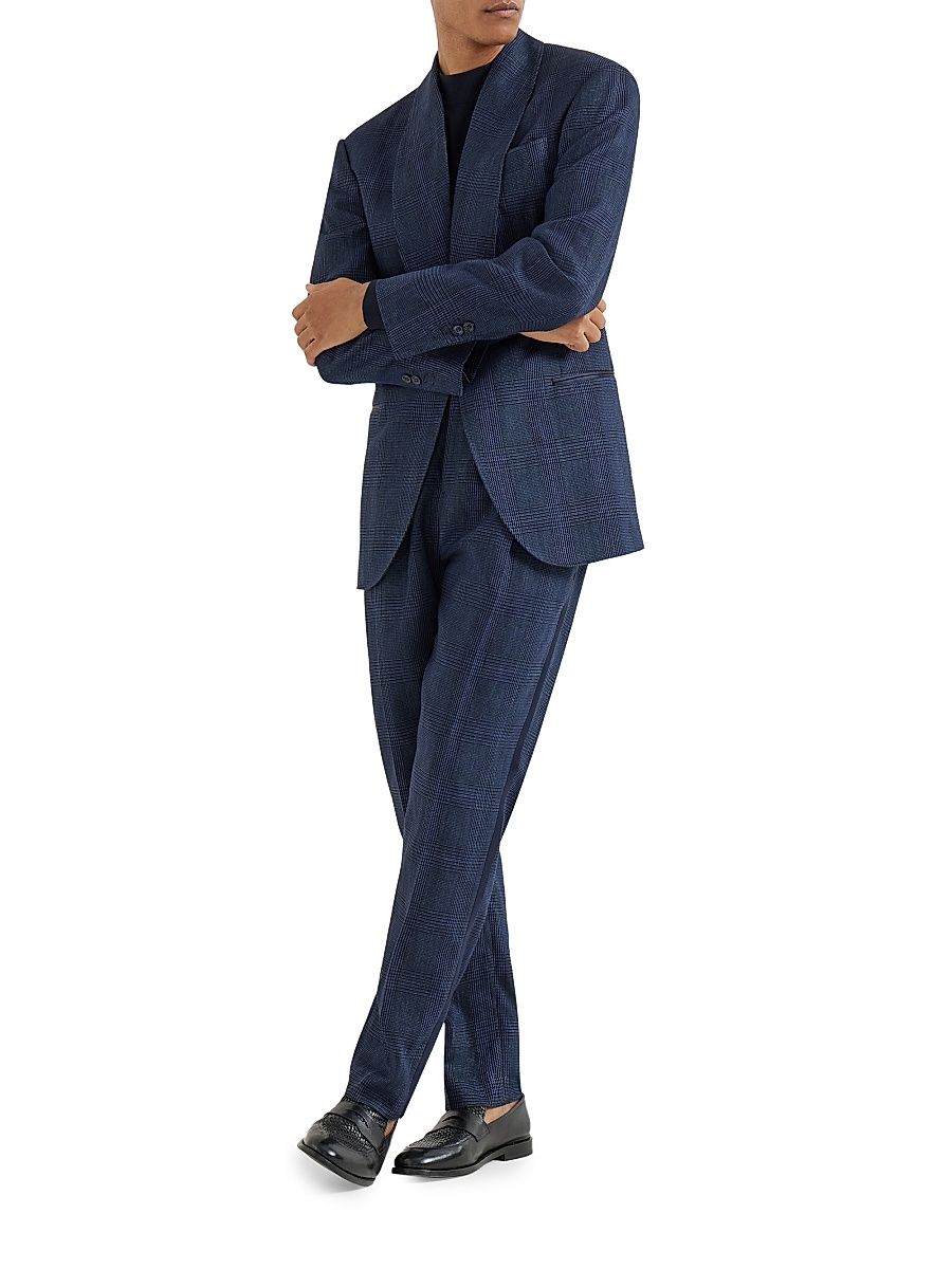 Men's Prince of Wales Tuxedo with Shawl Lapel Jacket and Trousers with Double Pleats - Navy Blue - Size 38