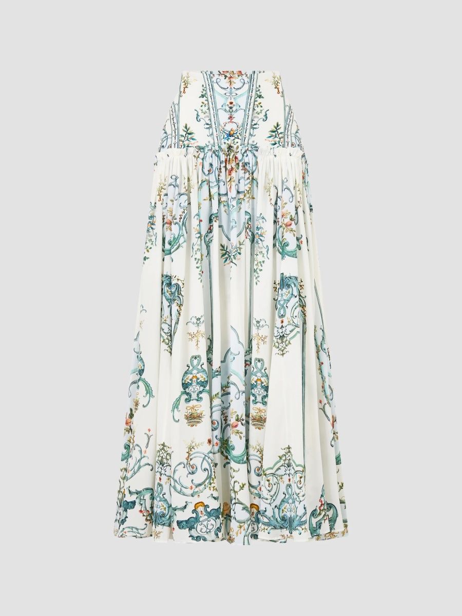 Camilla Women's Floral Silk Drop-Waist Midi Skirt - Blue - Size Small