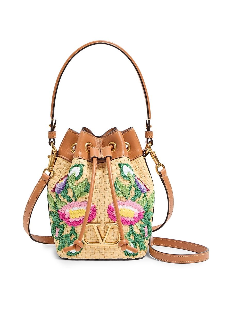Women's VLogo Signature Mini Bucket Bag with Floral Embroidery - Multicolour