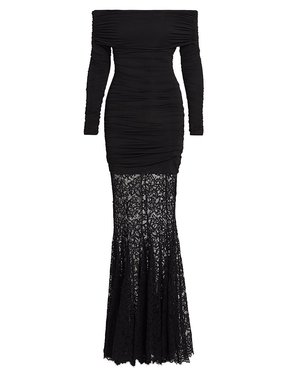 Women's Alora Off-The-Shoulder Mixed Media Maxi Dress - Black Beauty - Size Large
