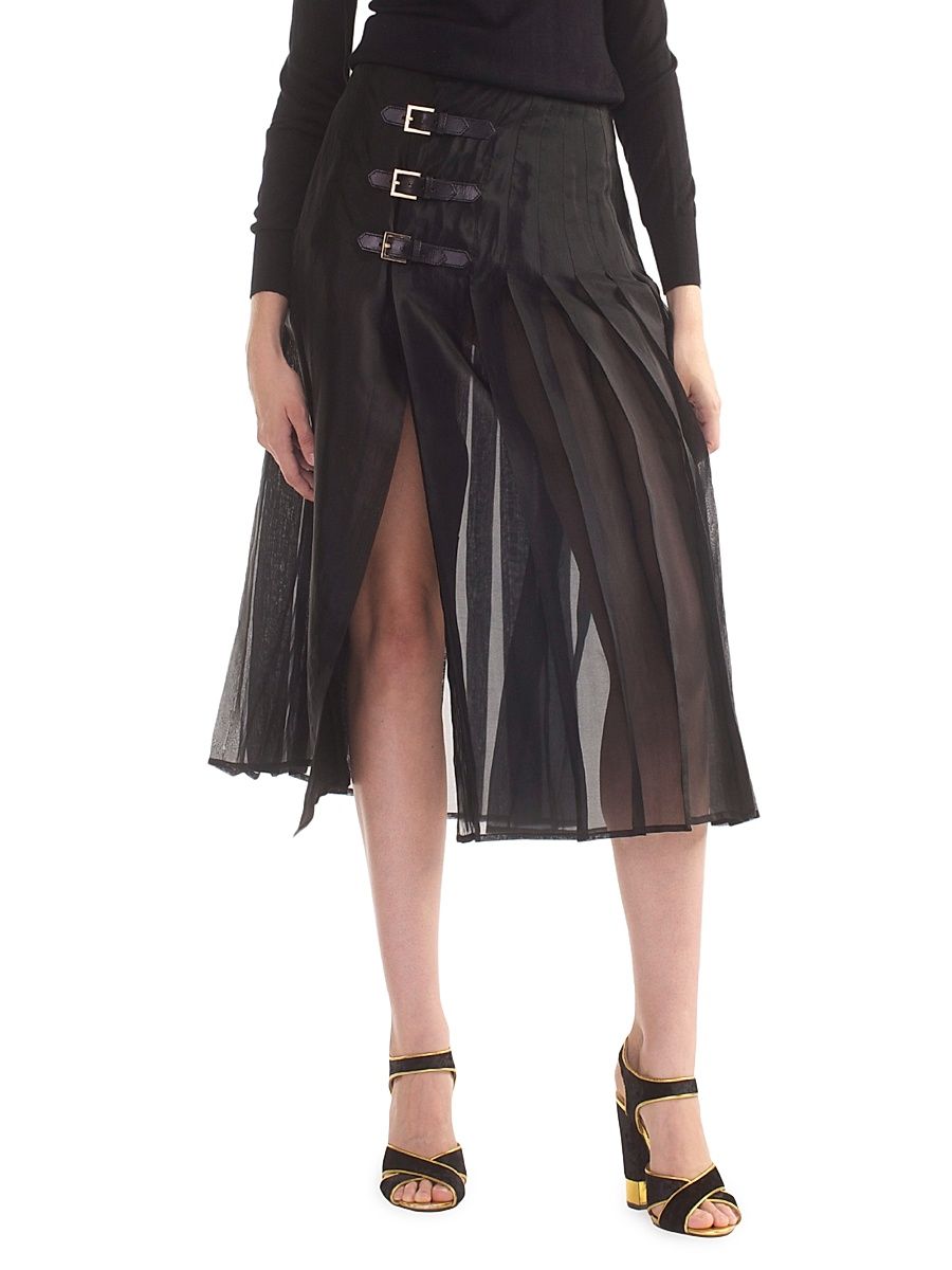 Women's Buckle Pleated Organza Midi-Skirt - Black - Size 4