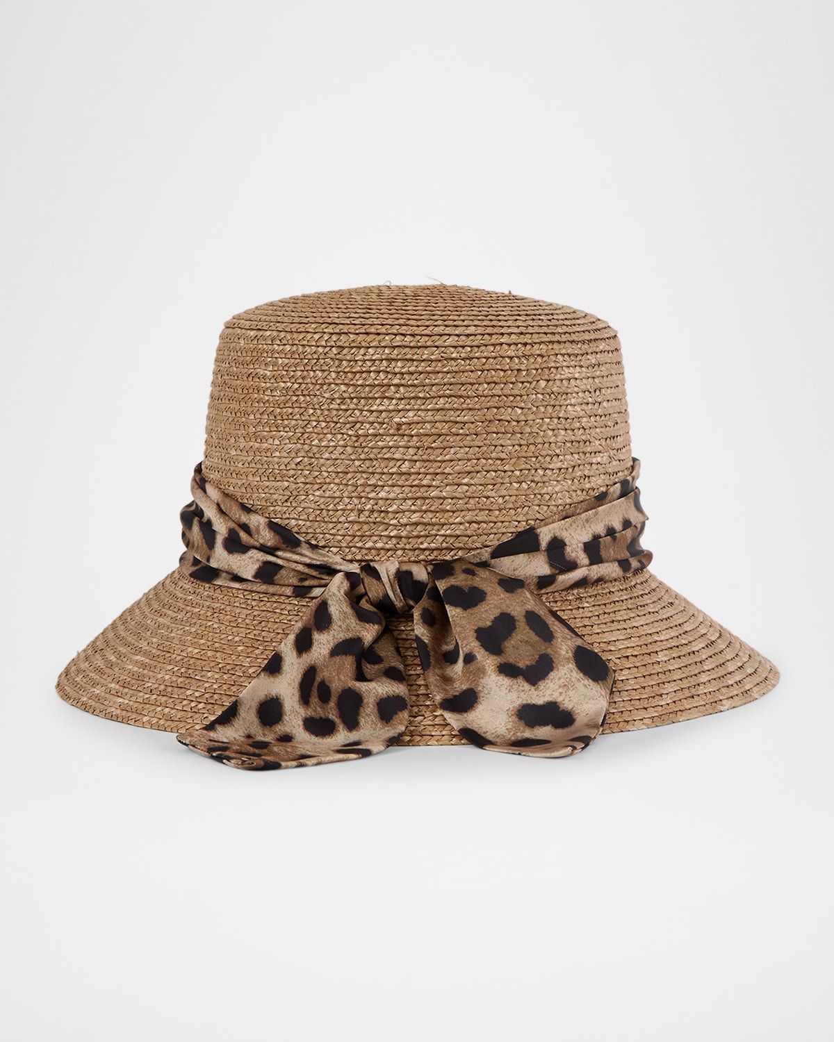 Ramona Straw Bucket Hat with Leopard-Print Bow
