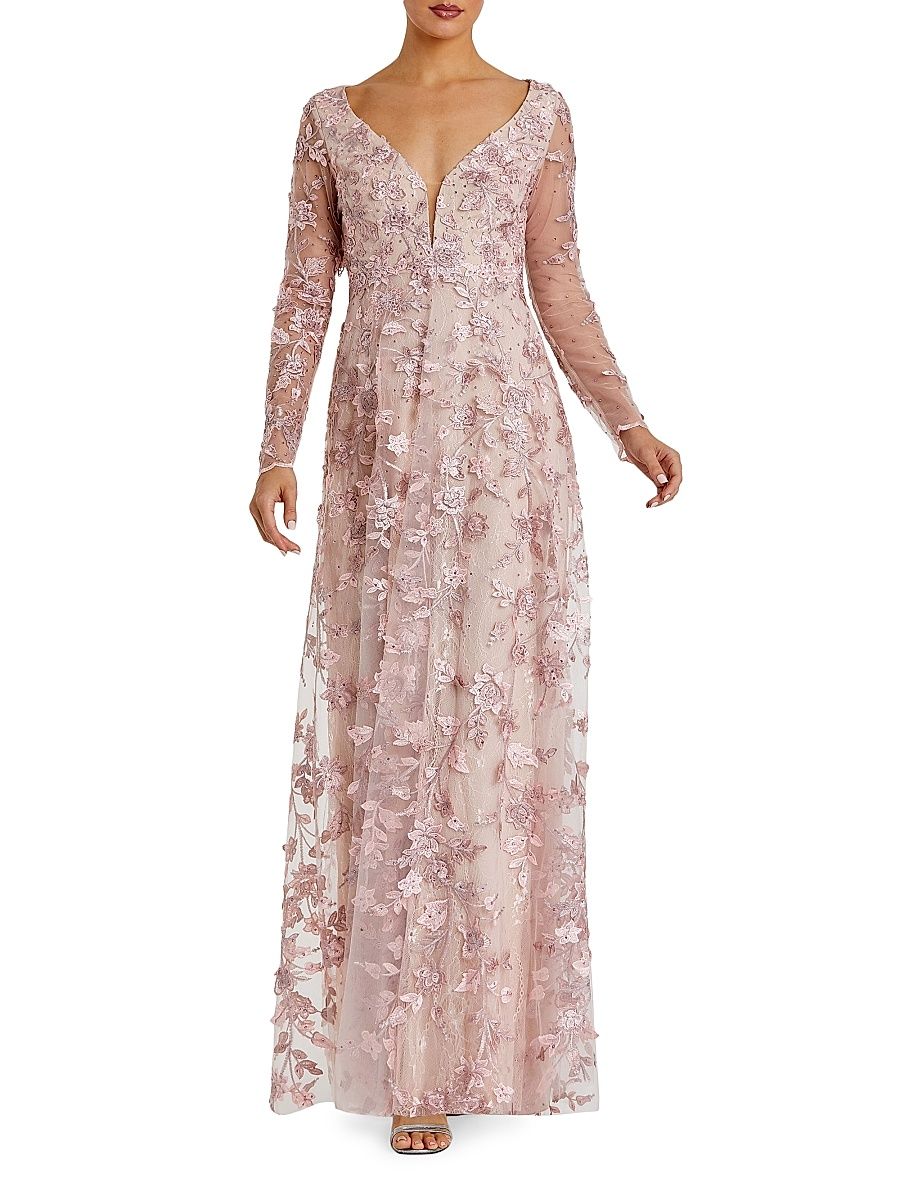Women's 3D Floral-Embellished Lace Gown - Rose Pink - Size 18