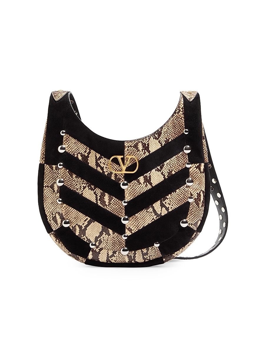 Women's Hoboho Small Hobo Bag in Python and Chevron-Patterned Suede - Beige Black