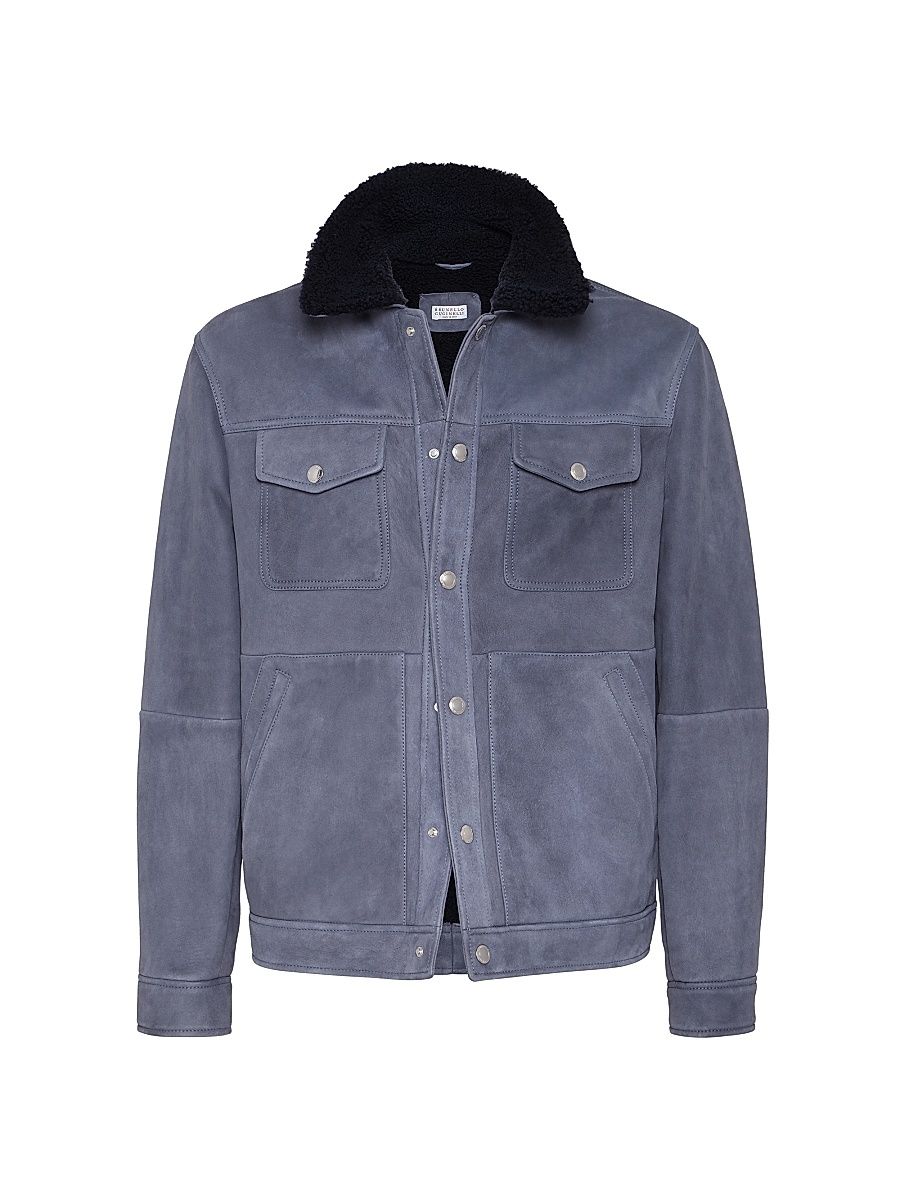 Men's Suede Curly Shearling Four Pocket Jacket - Denim - Size XS