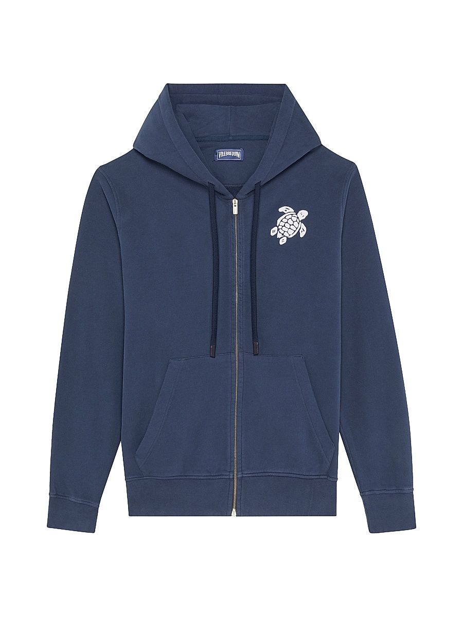 Men's Big Turtle Embroidery Cotton Full-Zip Hoodie - Navy - Size XXL