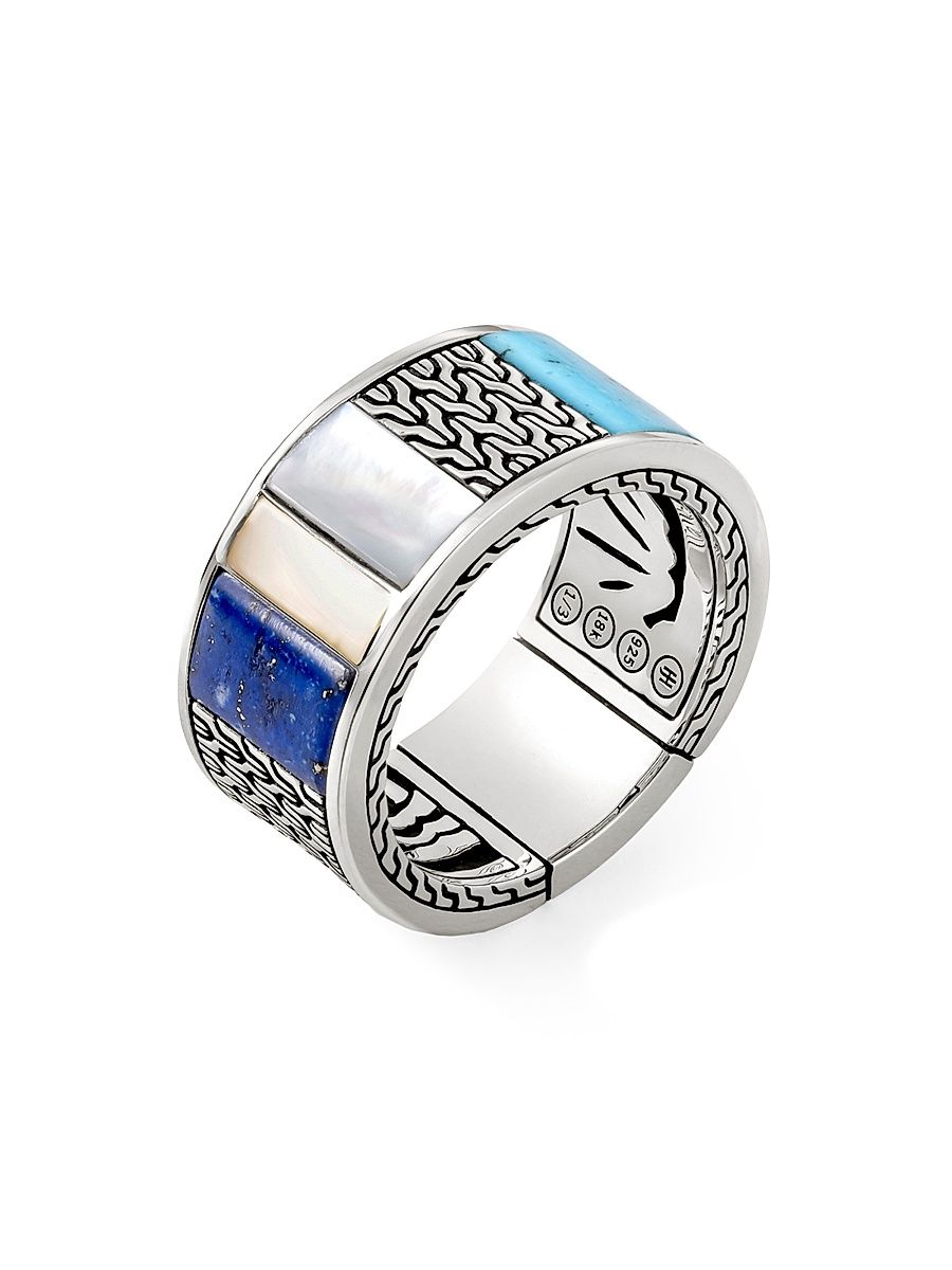 Men's Carved Chain Sterling Silver, Mother-Of-Pearl, Turquoise & Lapis Lazuli Ring - Silver Gold - Size 9