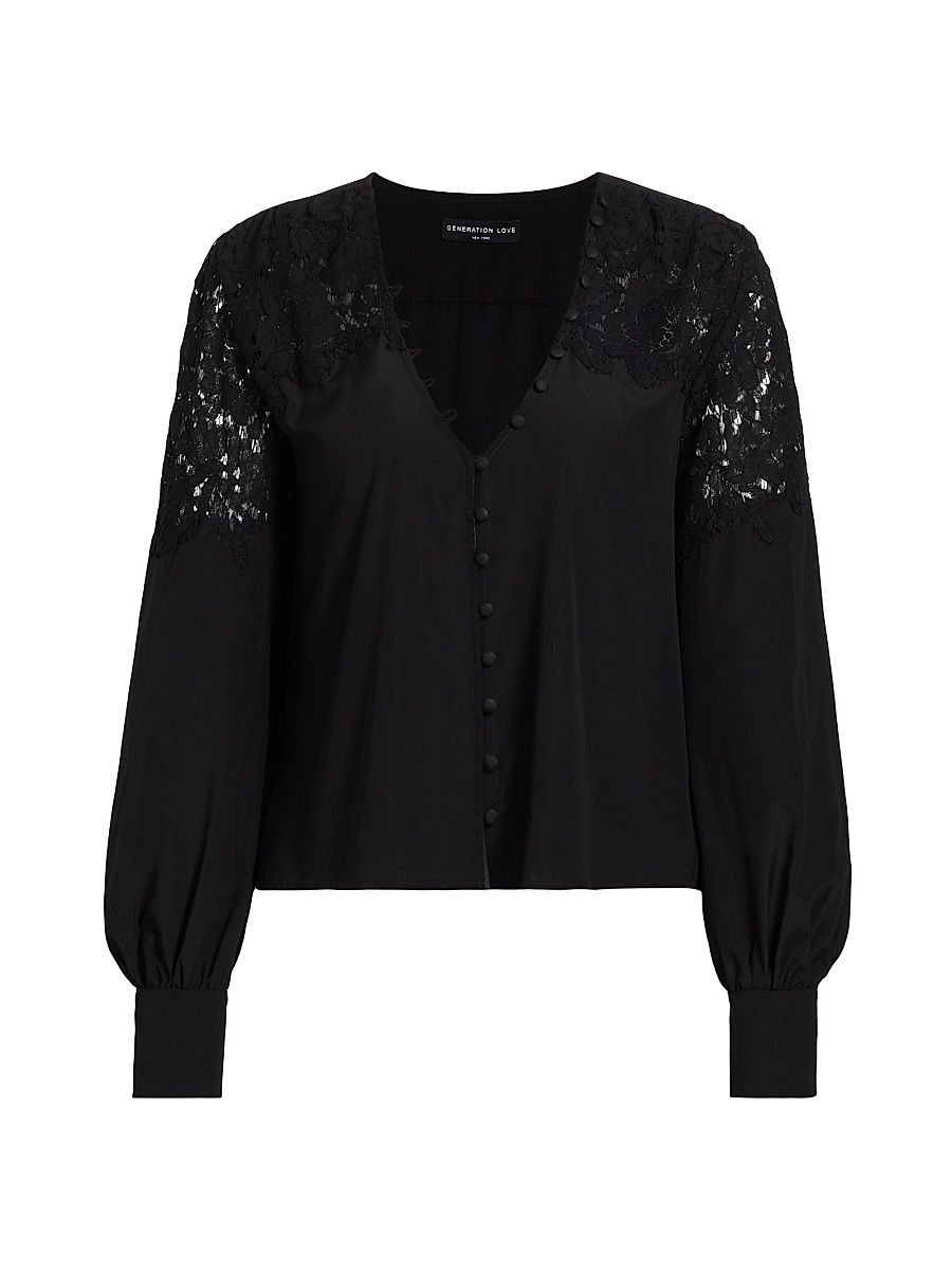 Women's Harlea Lace Combo Blouse - Black - Size Large