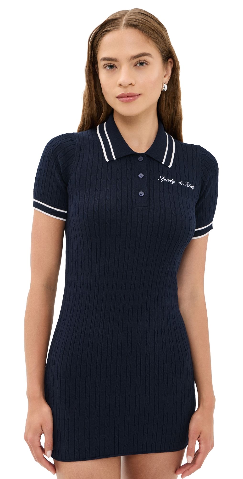 Sporty & Rich Signature Logo Mini Cable Knit Dress Dark Navy/White White S