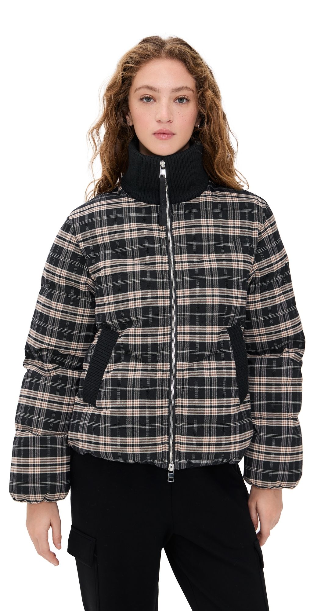 Varley Bryony Short Puffer Flannel Jacket Navy Check L