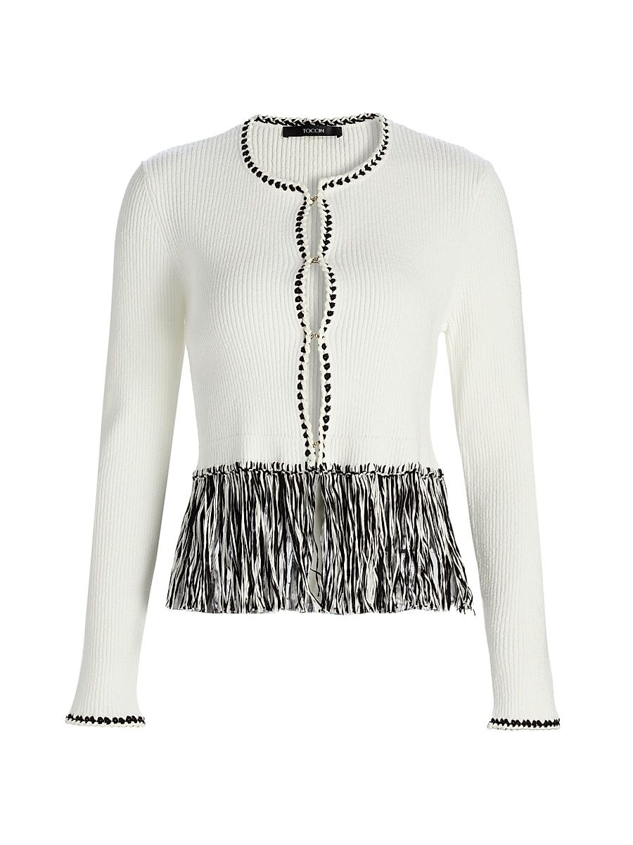 Women's Monroe Fringe-Trim Rib-Knit Cardigan - Optic Jet - Size Large