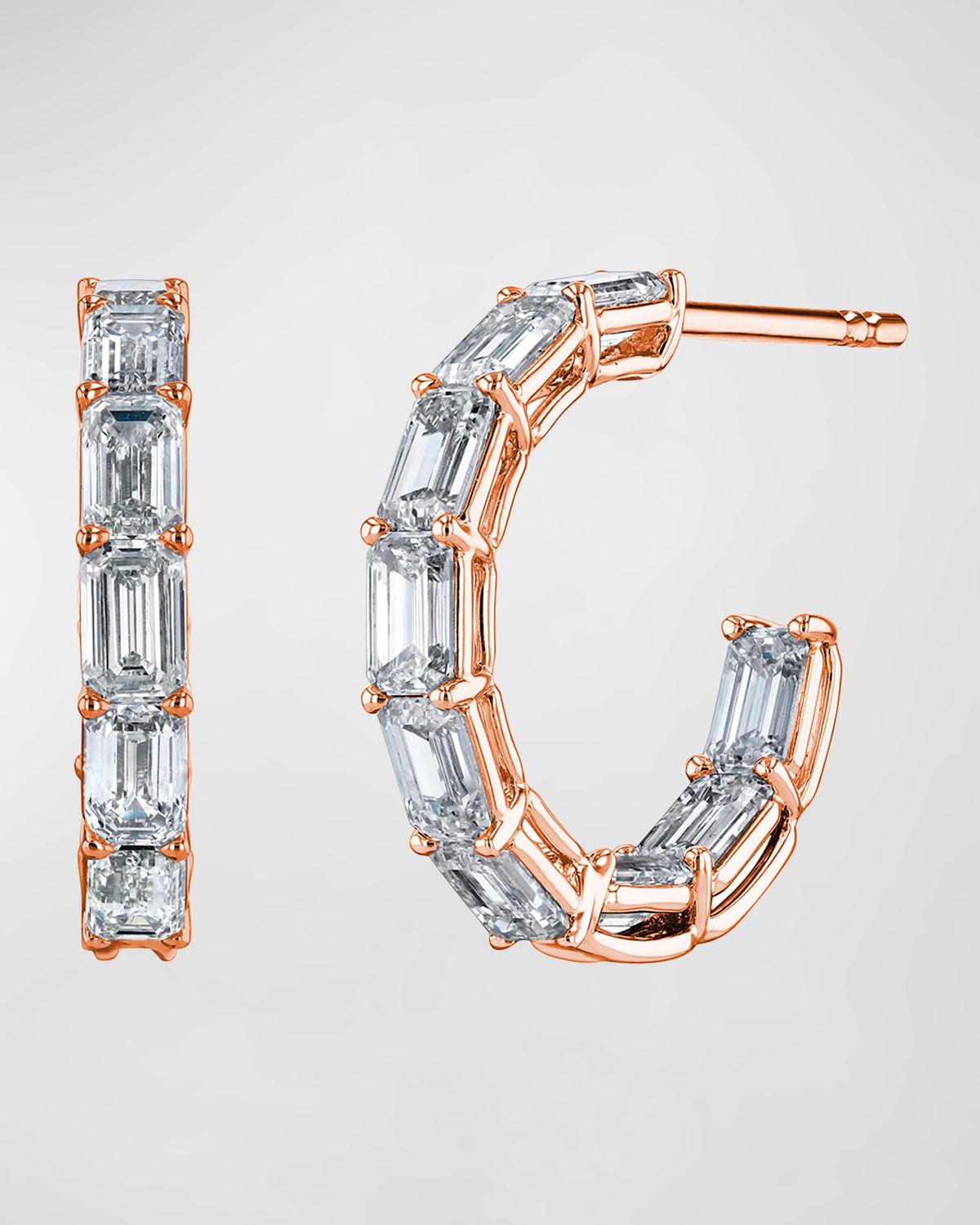 18K Gold North-South Emerald-Cut Diamond Hoop Earrings, 5.95tcw/0.75"L