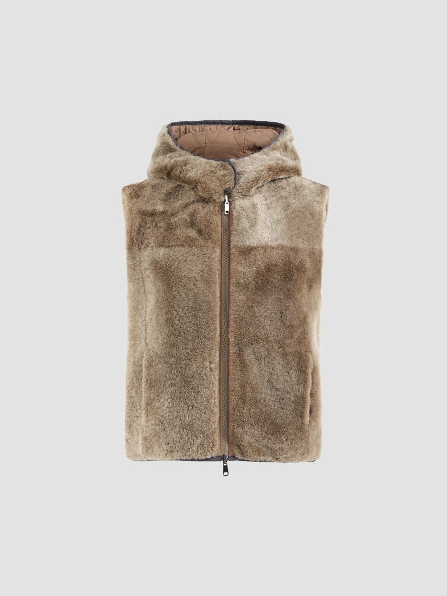 Brunello Cucinelli Women's Shearling Reversibile Vest with Thermore Padding and Hood - Light Brown - Size 8