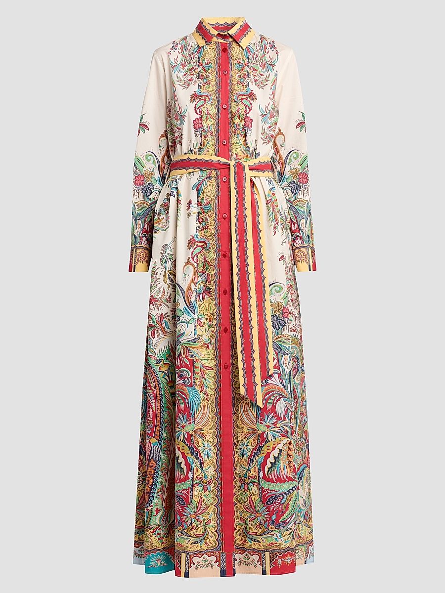Women's Paisley Cotton Maxi Shirtdress - Printed White - Size 12