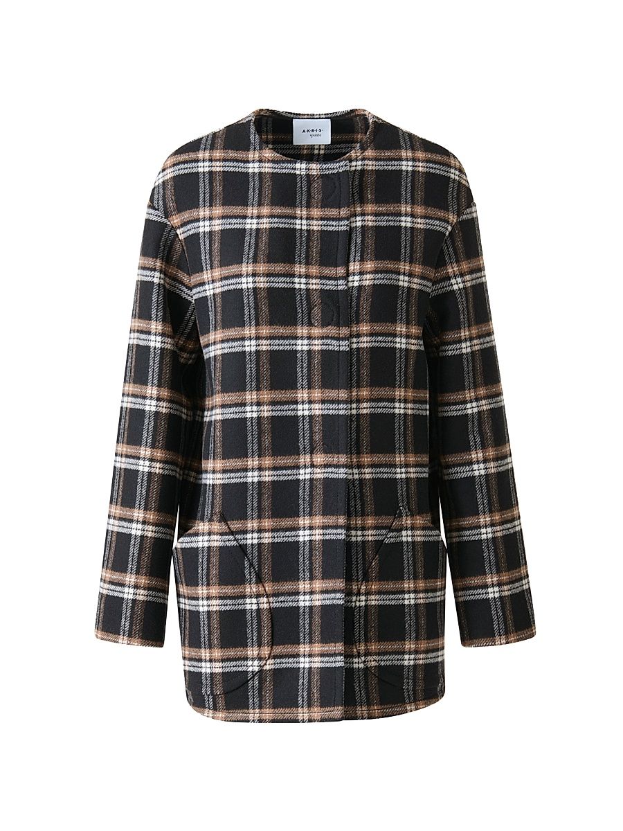 Women's Plaid Double-Faced Wool Coat - Black Camel Cream - Size 8