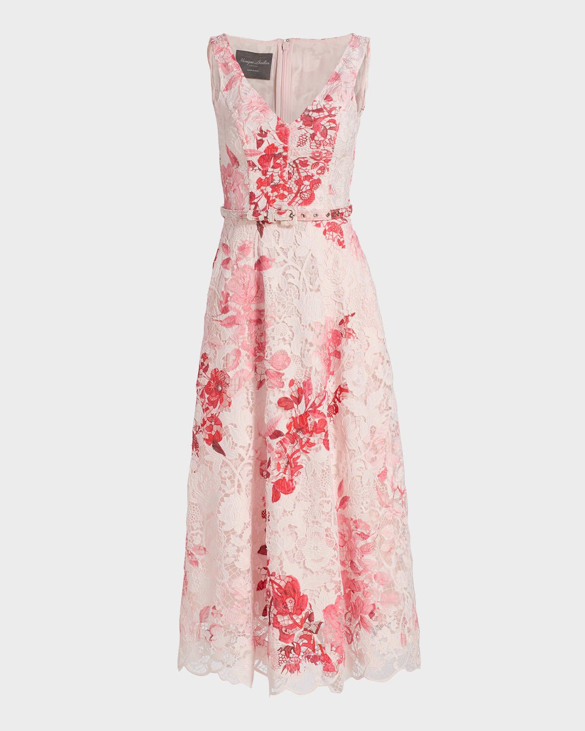 Rose-Print Lace Belted Sleeveless Midi Dress