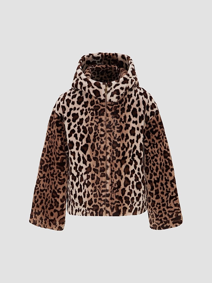 Lyla Grant Women's Faux Fur Sheared Mink Jacket, Hood - Brown Leopard - Size XL