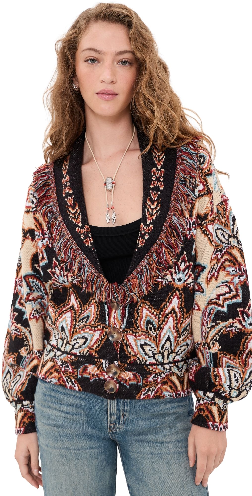 FARM Rio Tapestry Knit Fringe Cardigan Tapestry Dream Cream M